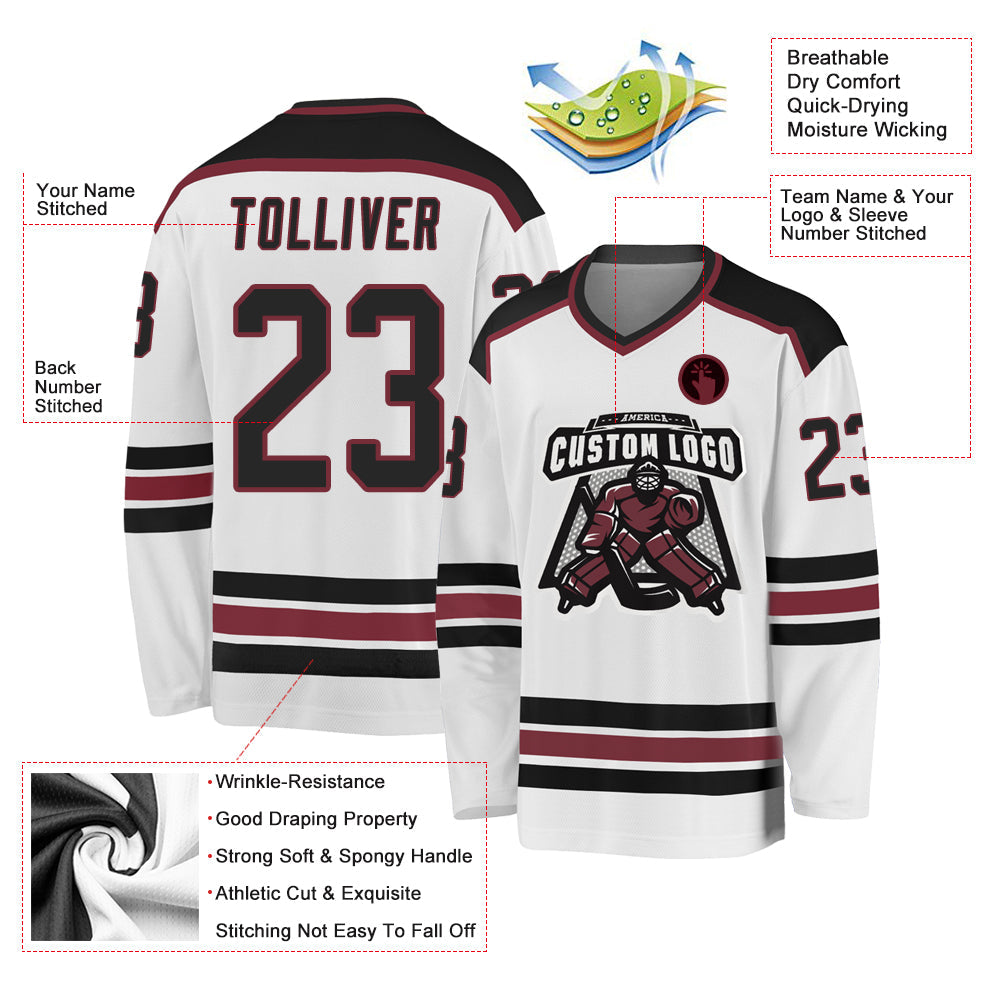 Custom White Black-Burgundy Hockey Jersey view 3