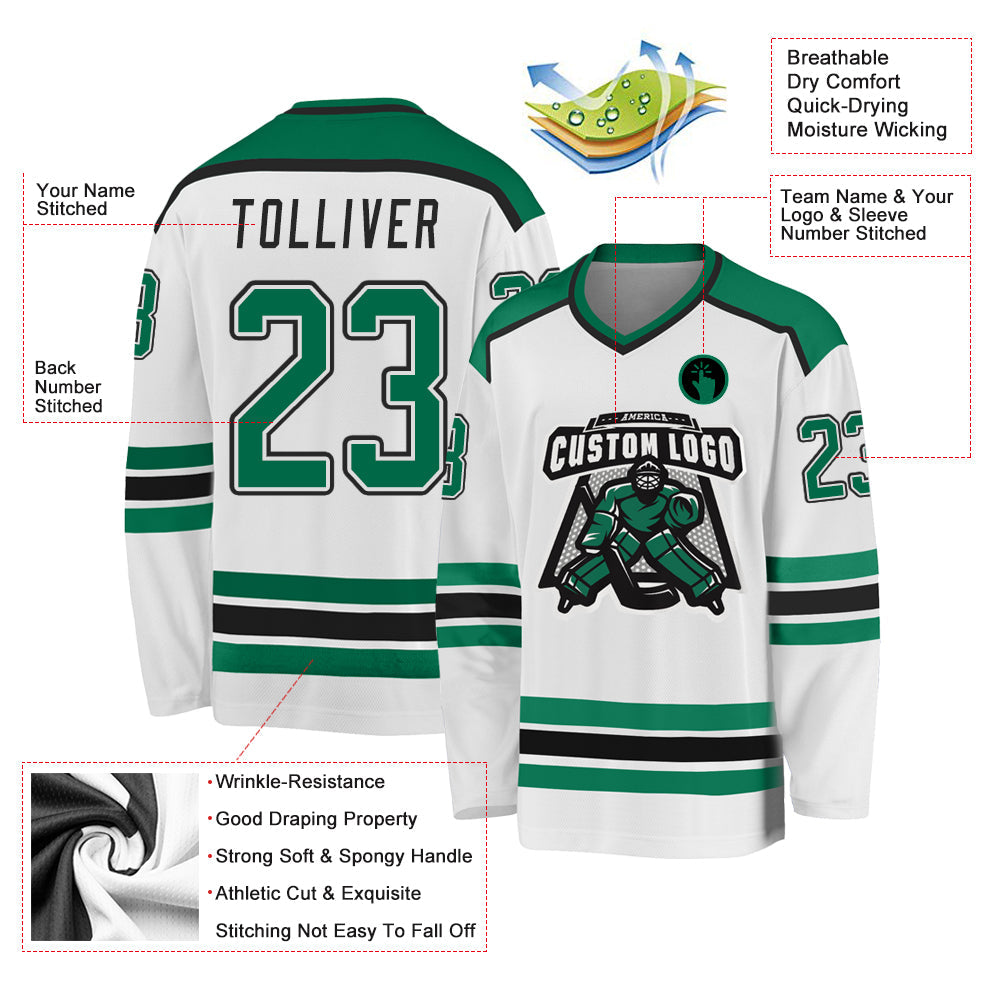 Custom White Kelly Green-Black Hockey Jersey view 3
