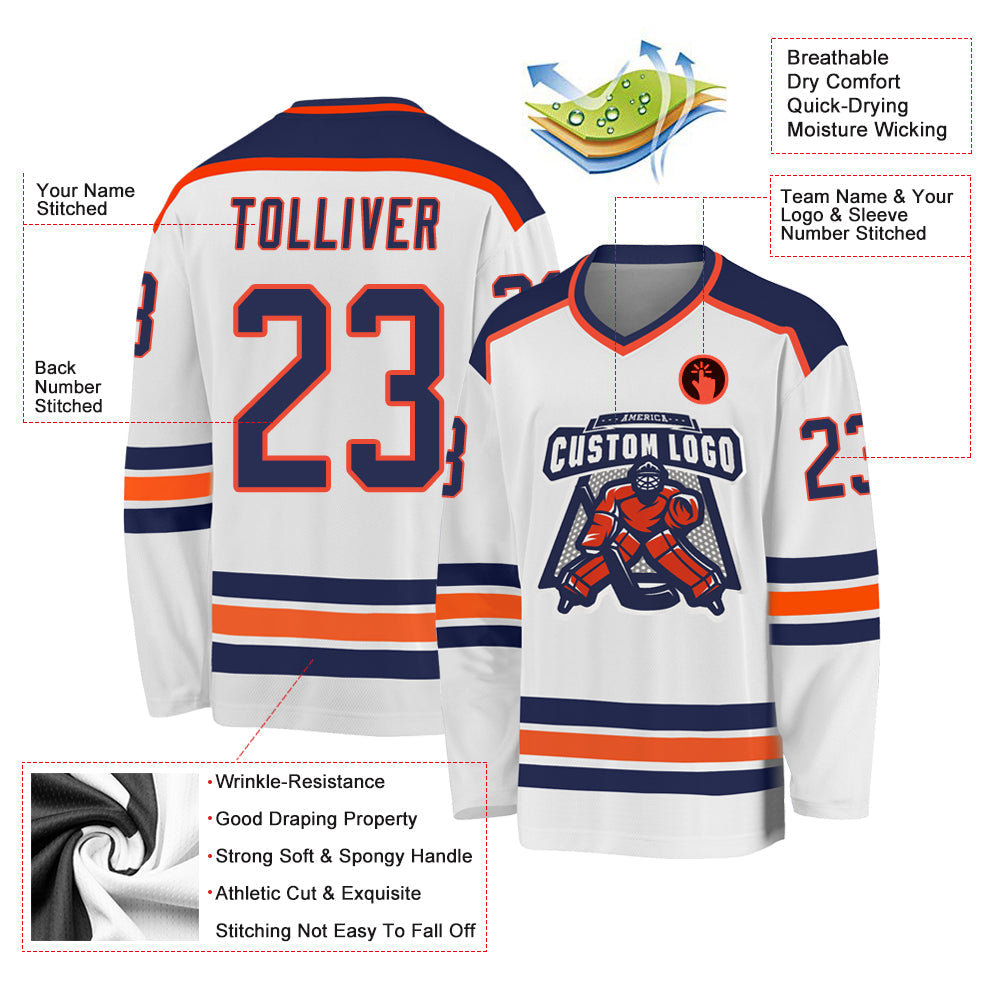 Custom White Navy-Orange Hockey Jersey view 3