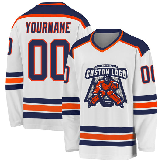 Custom White Navy-Orange Hockey Jersey - Main View