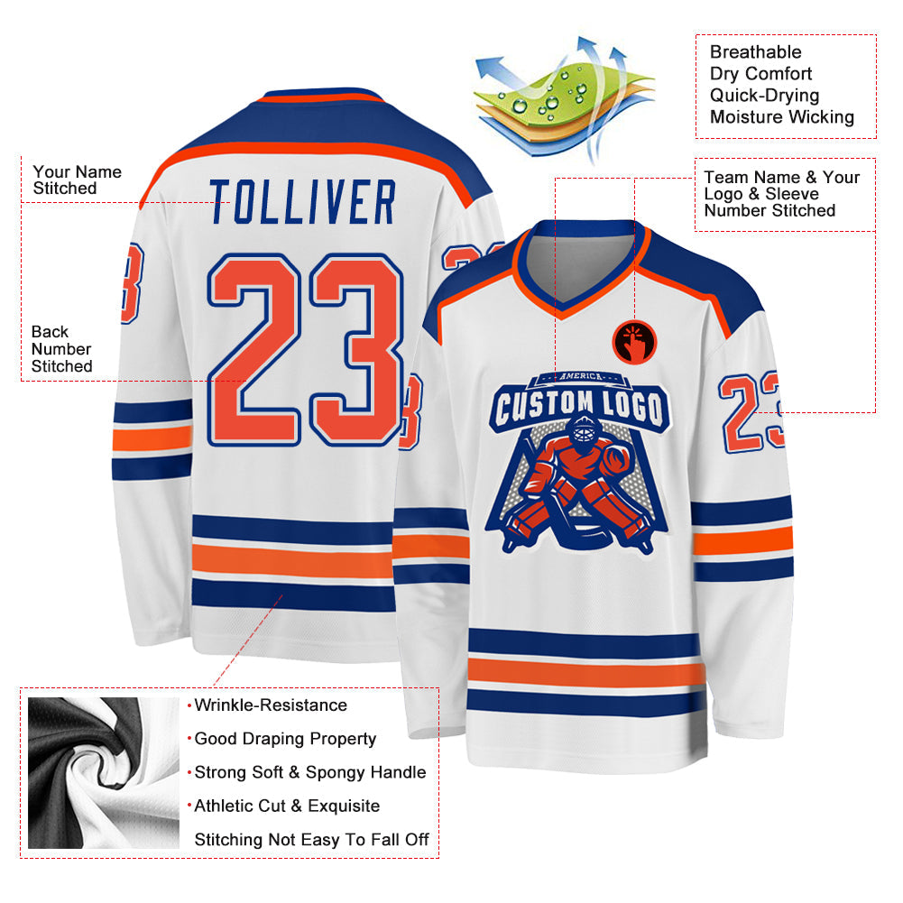 Custom White Orange-Royal Hockey Jersey view 3