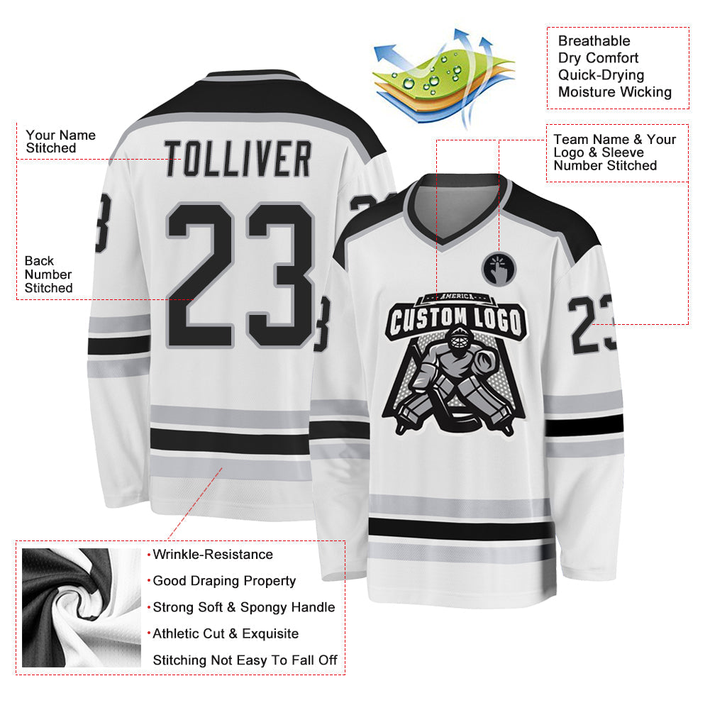 Custom White Black-Gray Hockey Jersey view 3