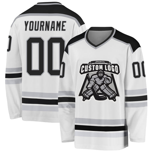 Custom White Black-Gray Hockey Jersey - Main View