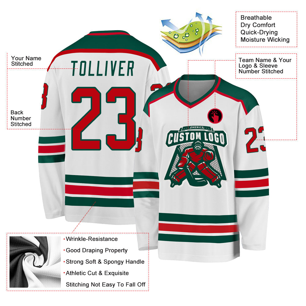 Custom White Red-Green Hockey Jersey view 3