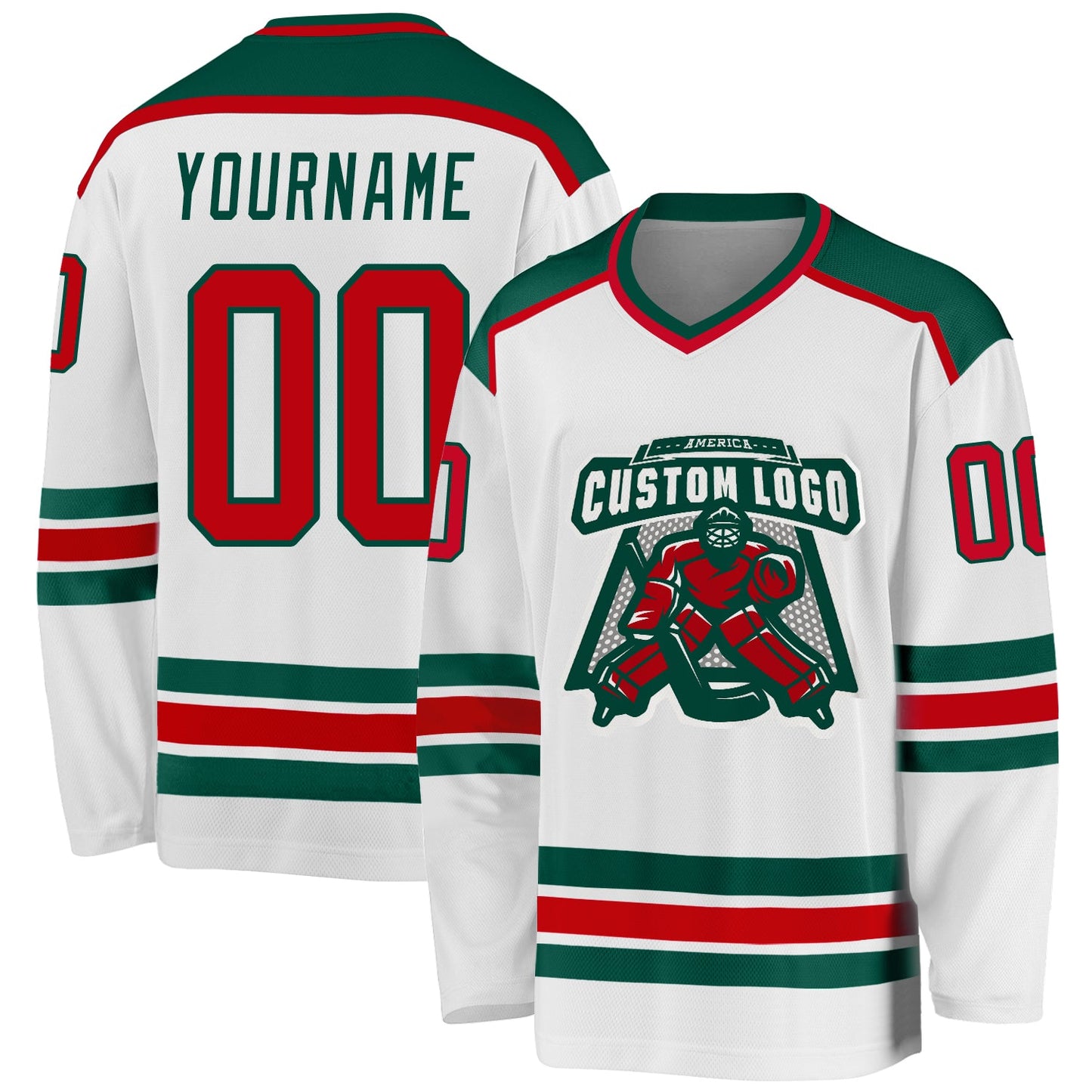 Custom White Red-Green Hockey Jersey - Main View