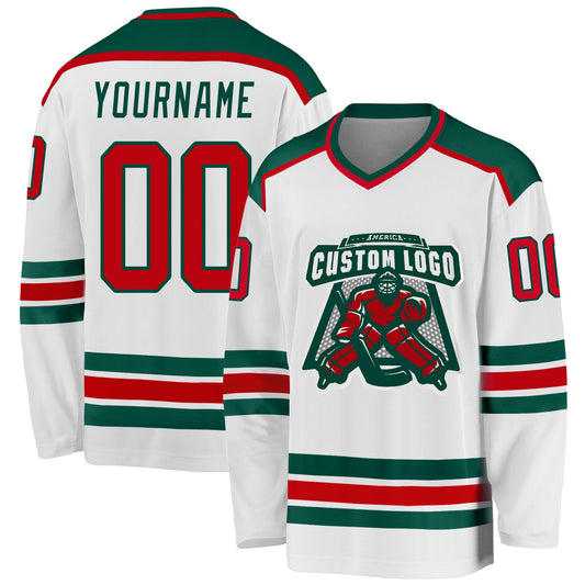 Custom White Red-Green Hockey Jersey - Main View