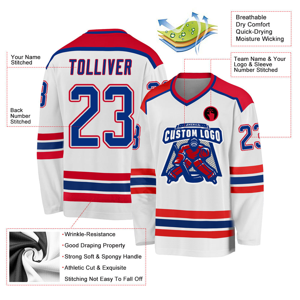 Custom White Royal-Red Hockey Jersey view 3