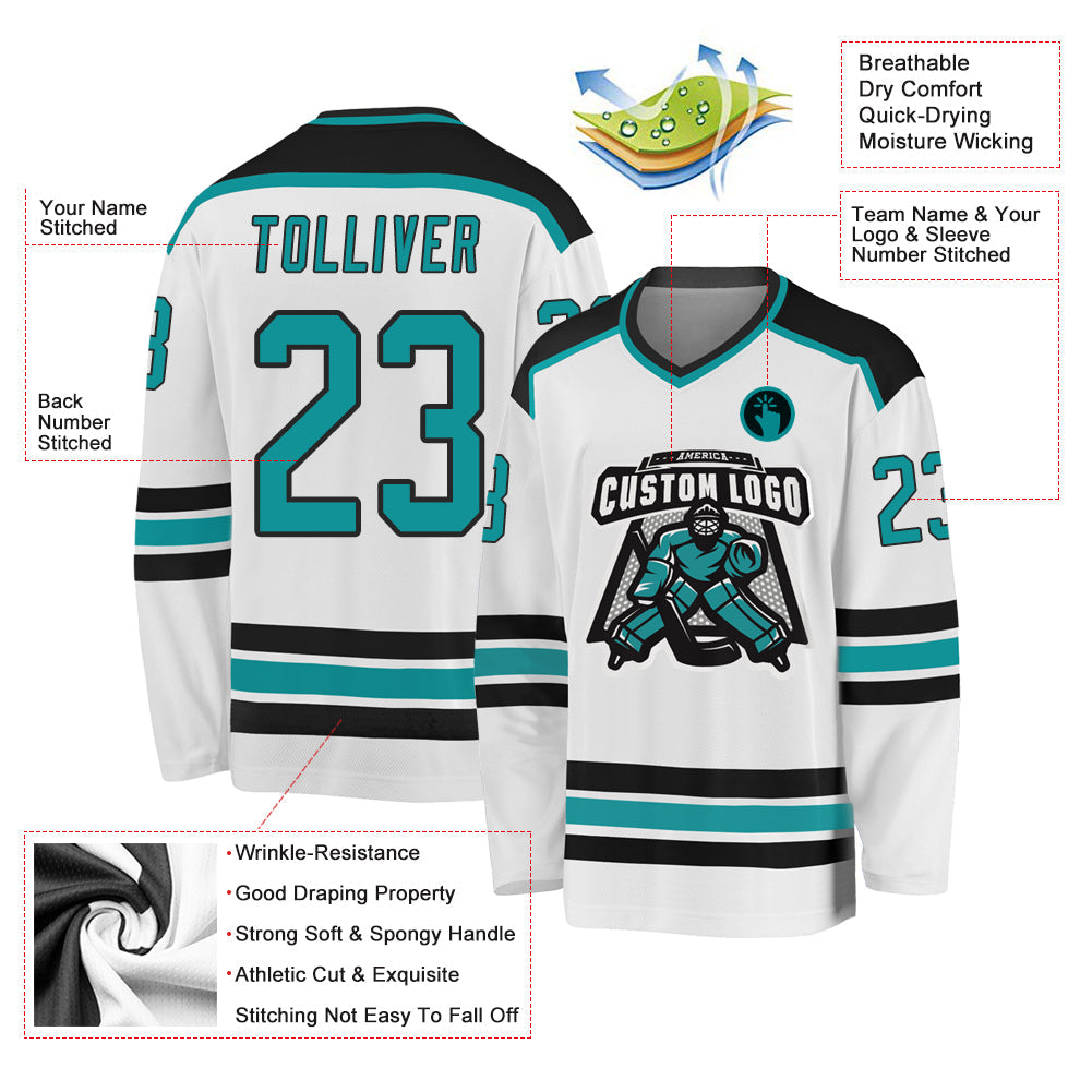 Custom White Aqua-Black Hockey Jersey view 3