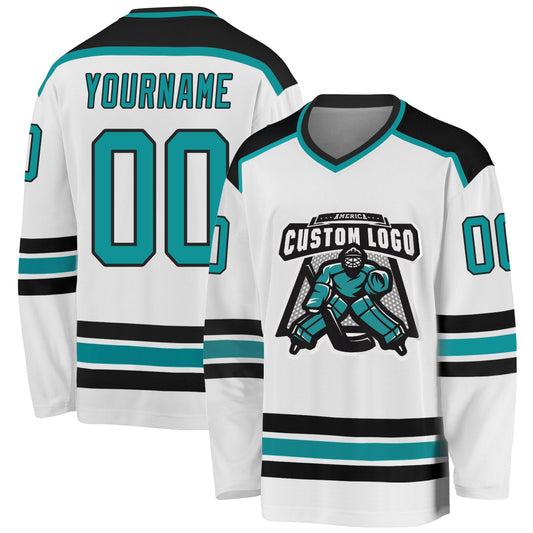Custom White Aqua-Black Hockey Jersey - Main View