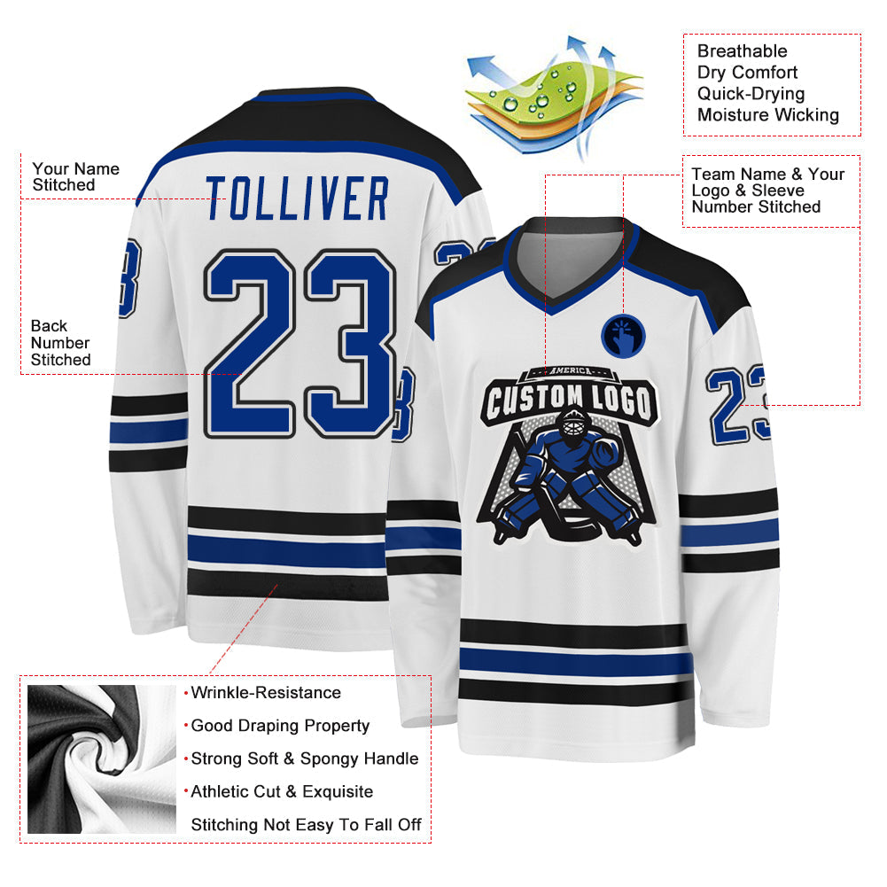 Custom White Royal-Black Hockey Jersey view 3