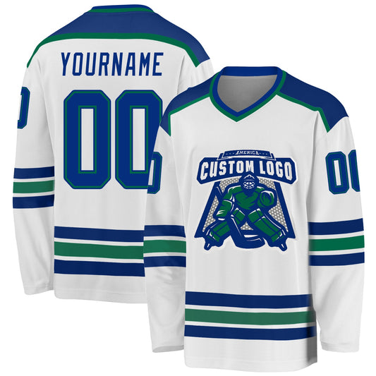 Custom White Royal-Kelly Green Hockey Jersey - Main View