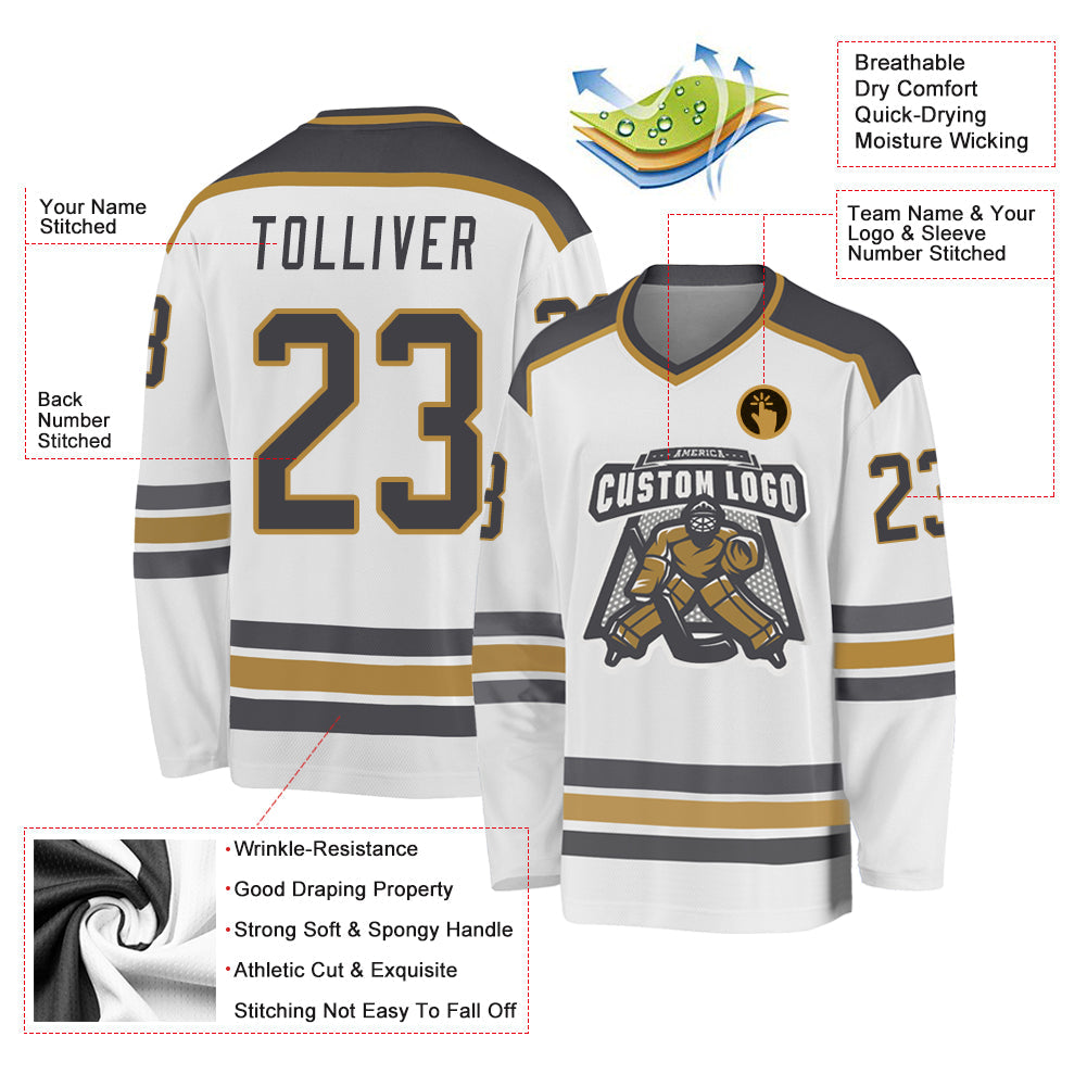 Custom White Steel Gray-Old Gold Hockey Jersey view 3