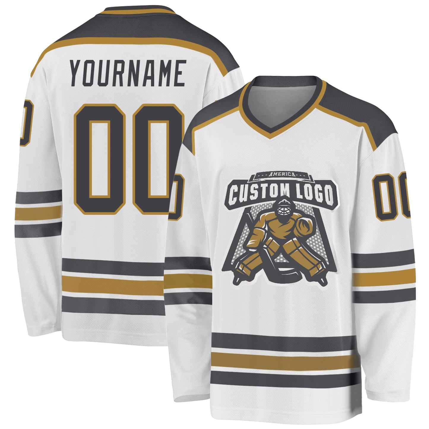 Custom White Steel Gray-Old Gold Hockey Jersey - Main View