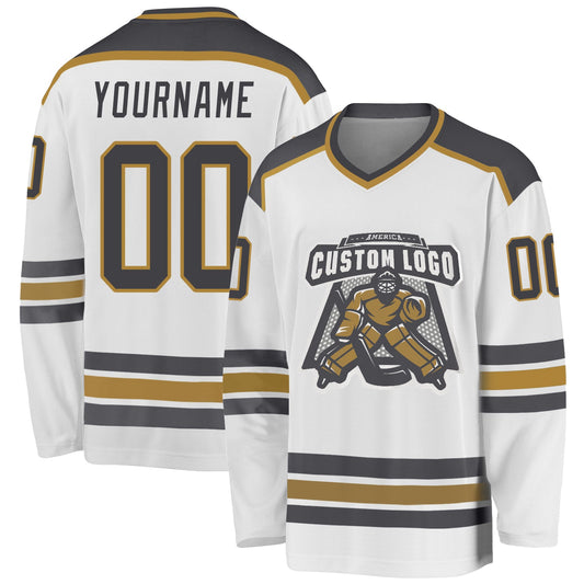 Custom White Steel Gray-Old Gold Hockey Jersey - Main View