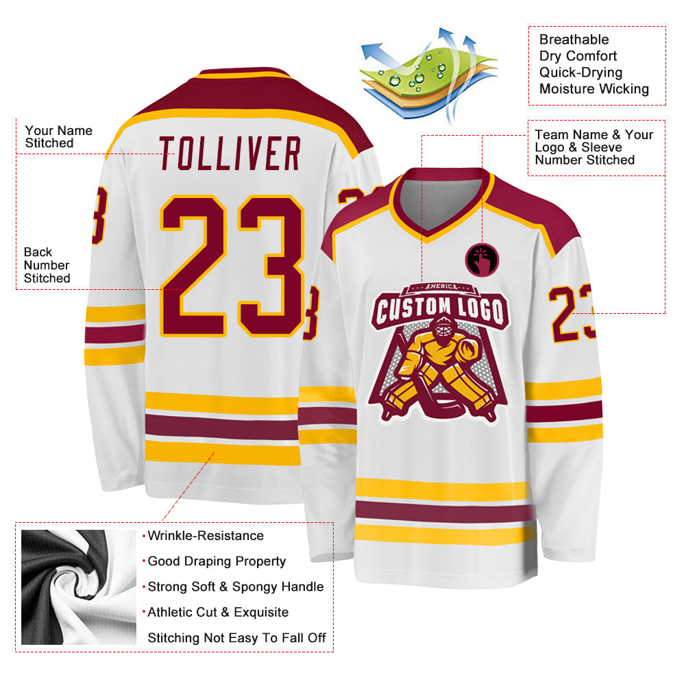 Custom White Maroon-Gold Hockey Jersey view 3