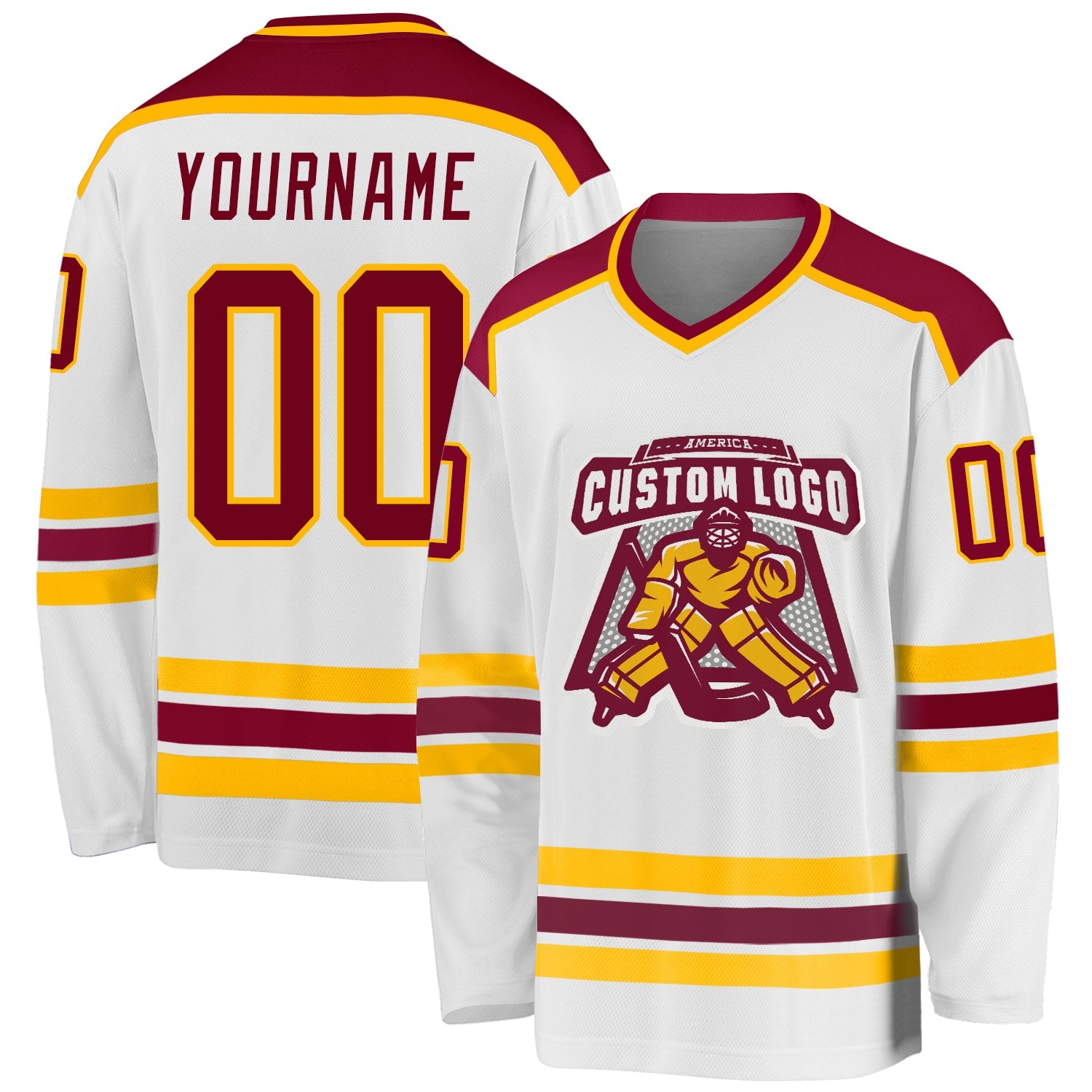 Custom White Maroon-Gold Hockey Jersey - Main View