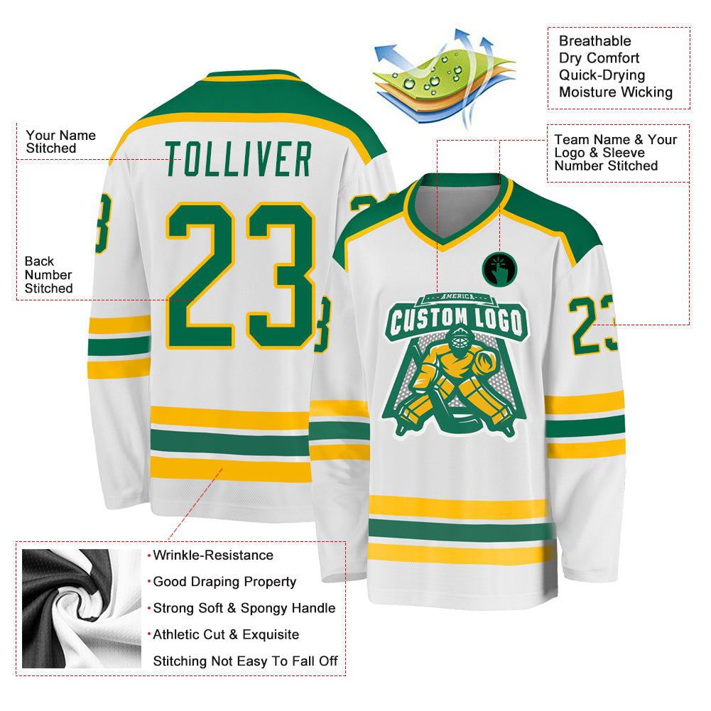 Custom White Kelly Green-Gold Hockey Jersey view 3