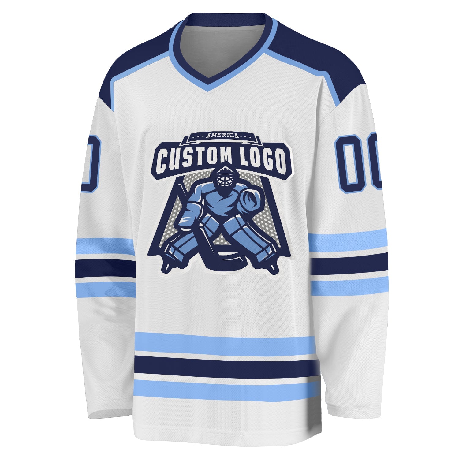 Custom White Navy-Light Blue Hockey Jersey view 2