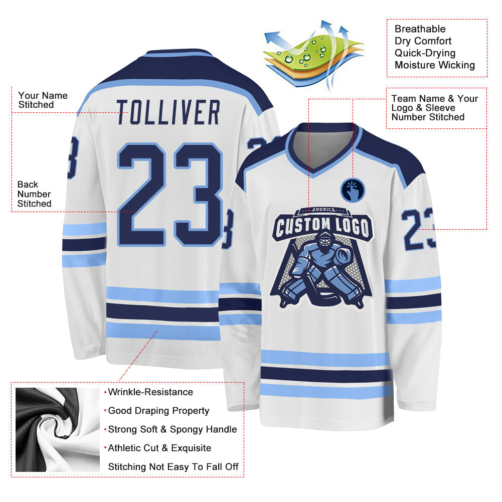 Custom White Navy-Light Blue Hockey Jersey view 3