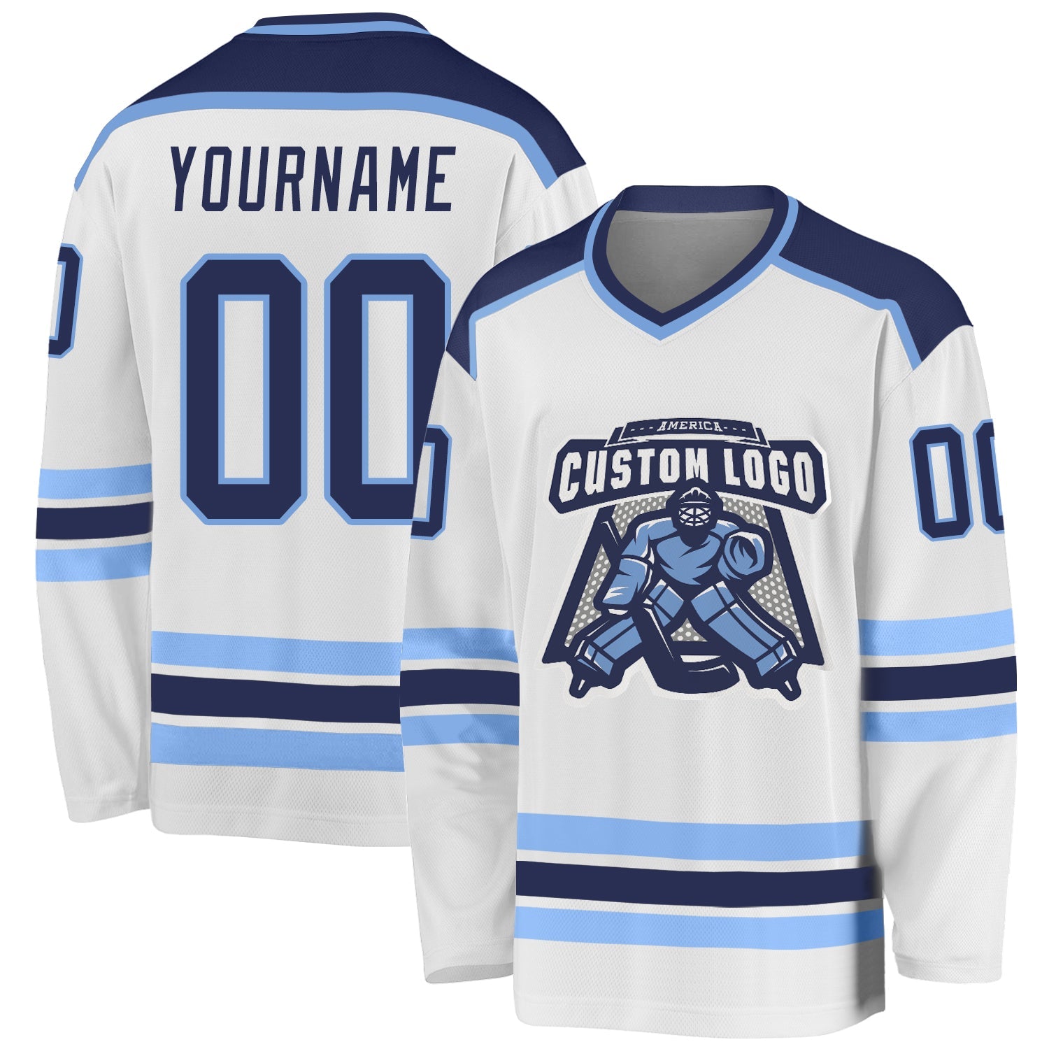 Custom White Navy-Light Blue Hockey Jersey - Main View