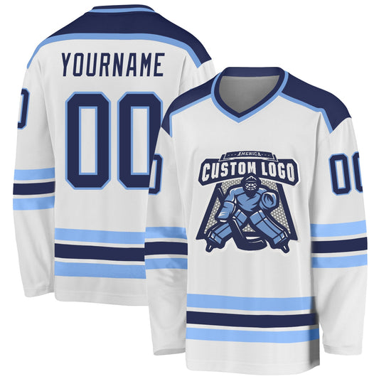 Custom White Navy-Light Blue Hockey Jersey - Main View