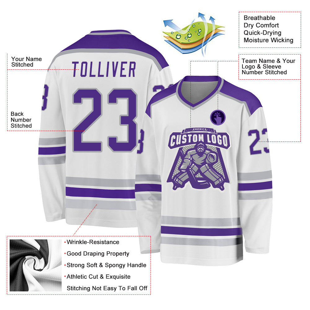 Custom White Purple-Gray Hockey Jersey view 3