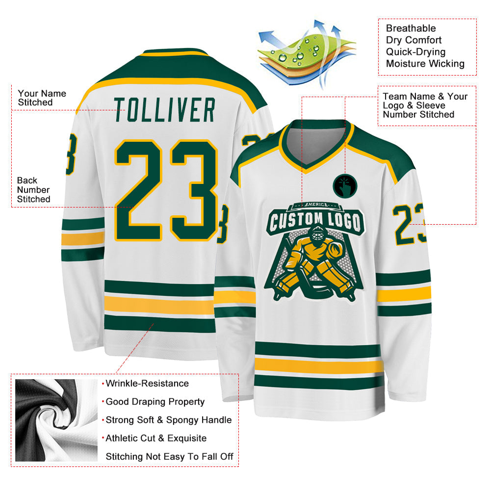 Custom White Green-Gold Hockey Jersey view 4
