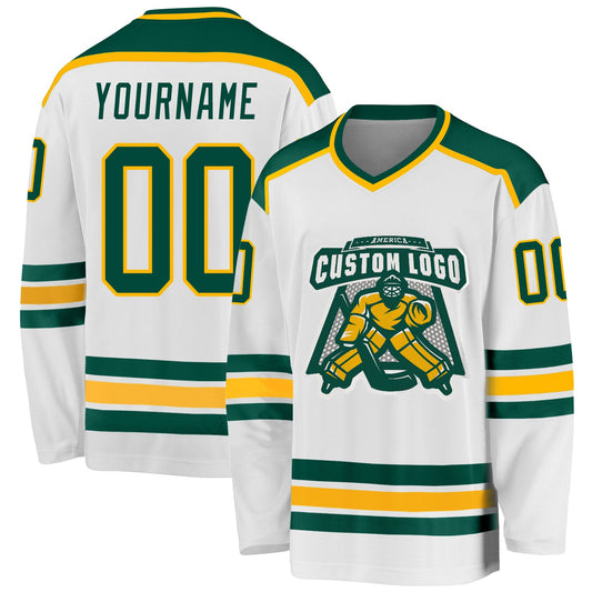 Custom White Green-Gold Hockey Jersey - Main View