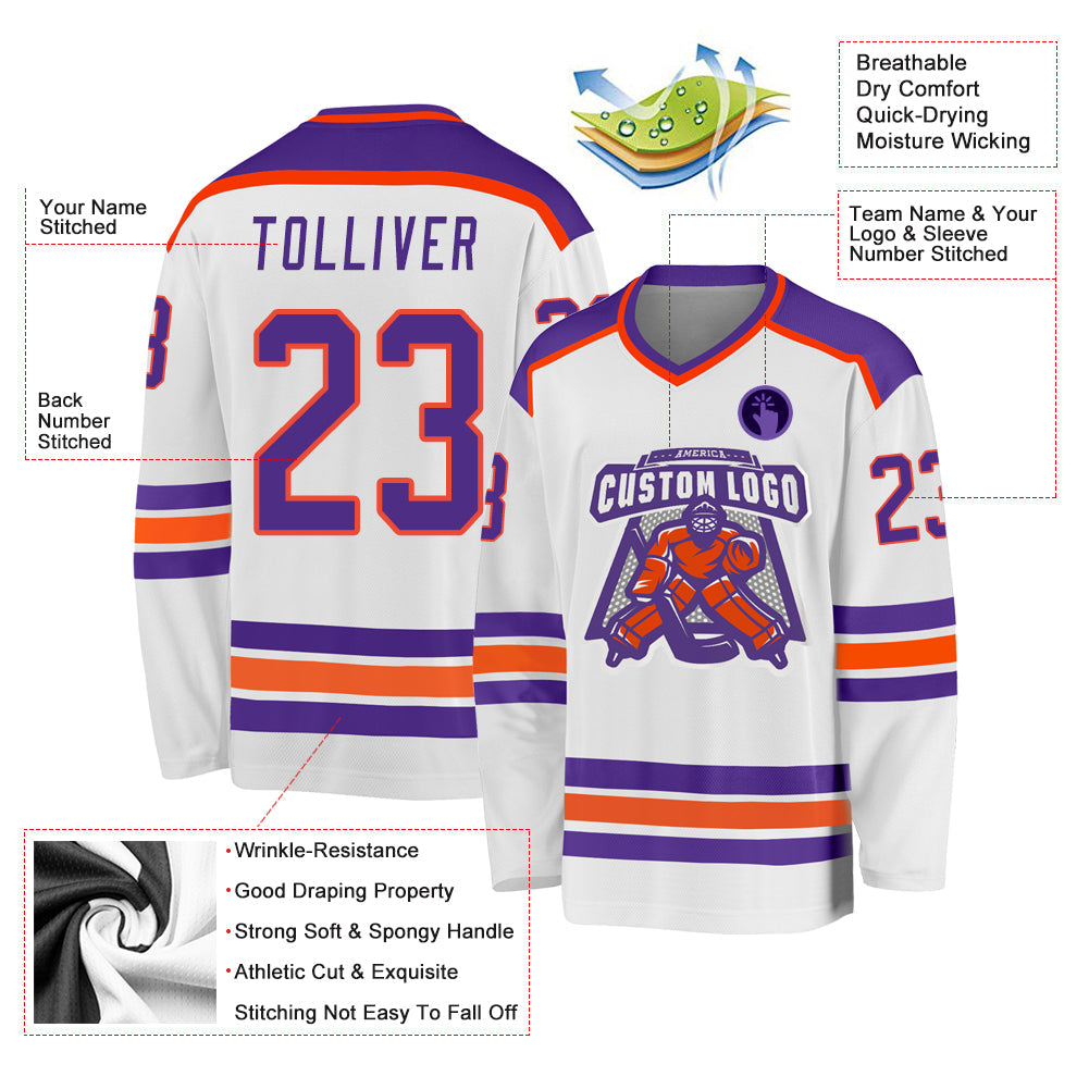 Custom White Purple-Orange Hockey Jersey view 3