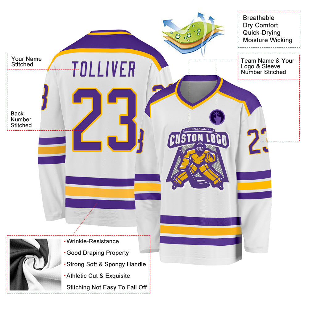 Custom White Purple-Gold Hockey Jersey view 3