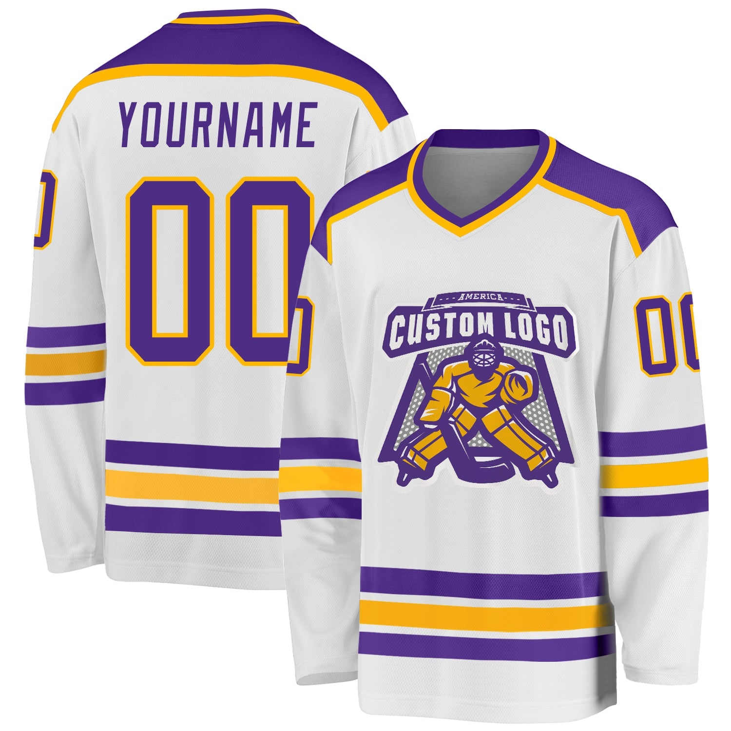 Custom White Purple-Gold Hockey Jersey - Main View