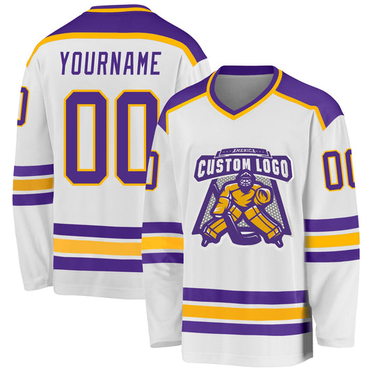 Custom White Purple-Gold Hockey Jersey - Main View