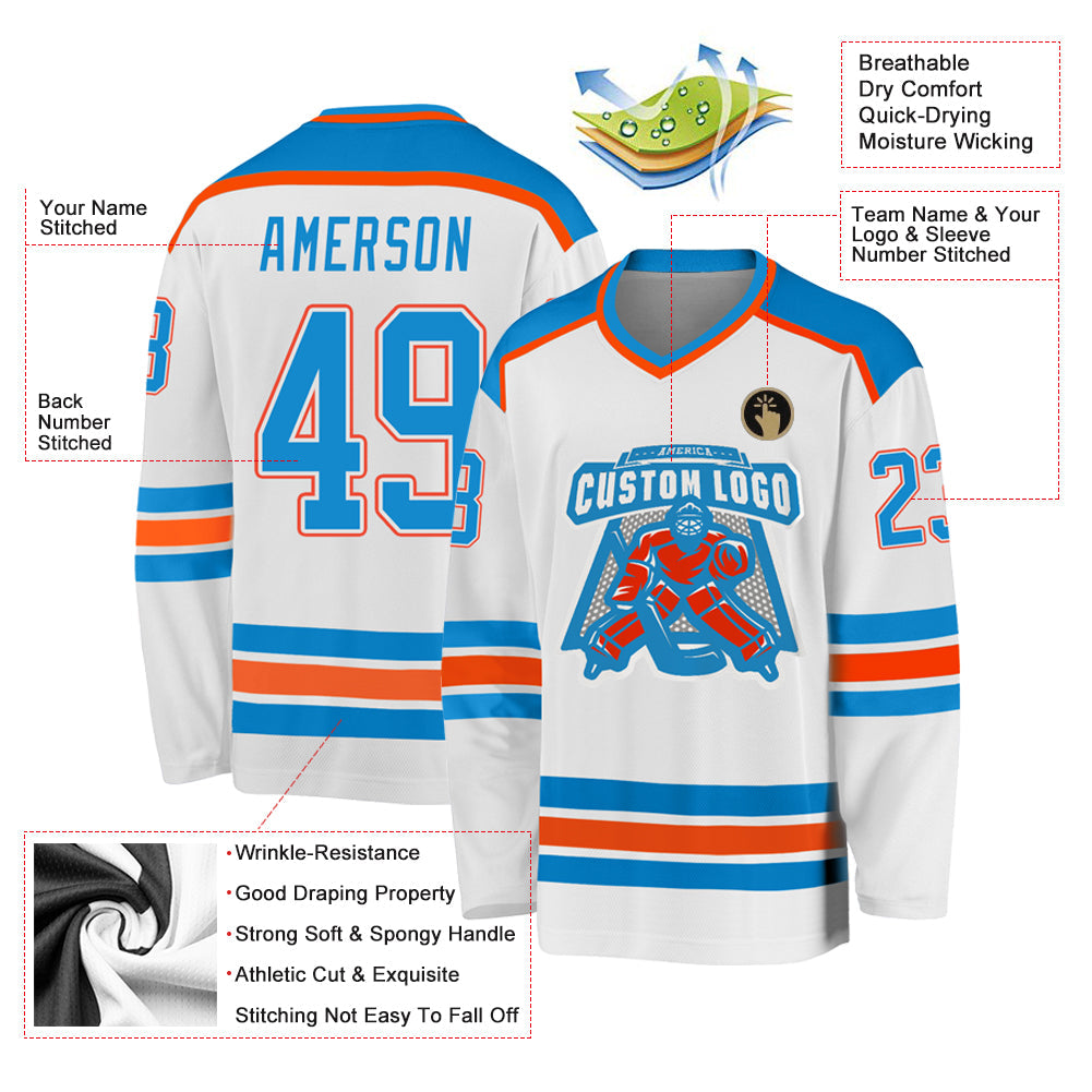 Custom White Blue-Orange Hockey Jersey view 3