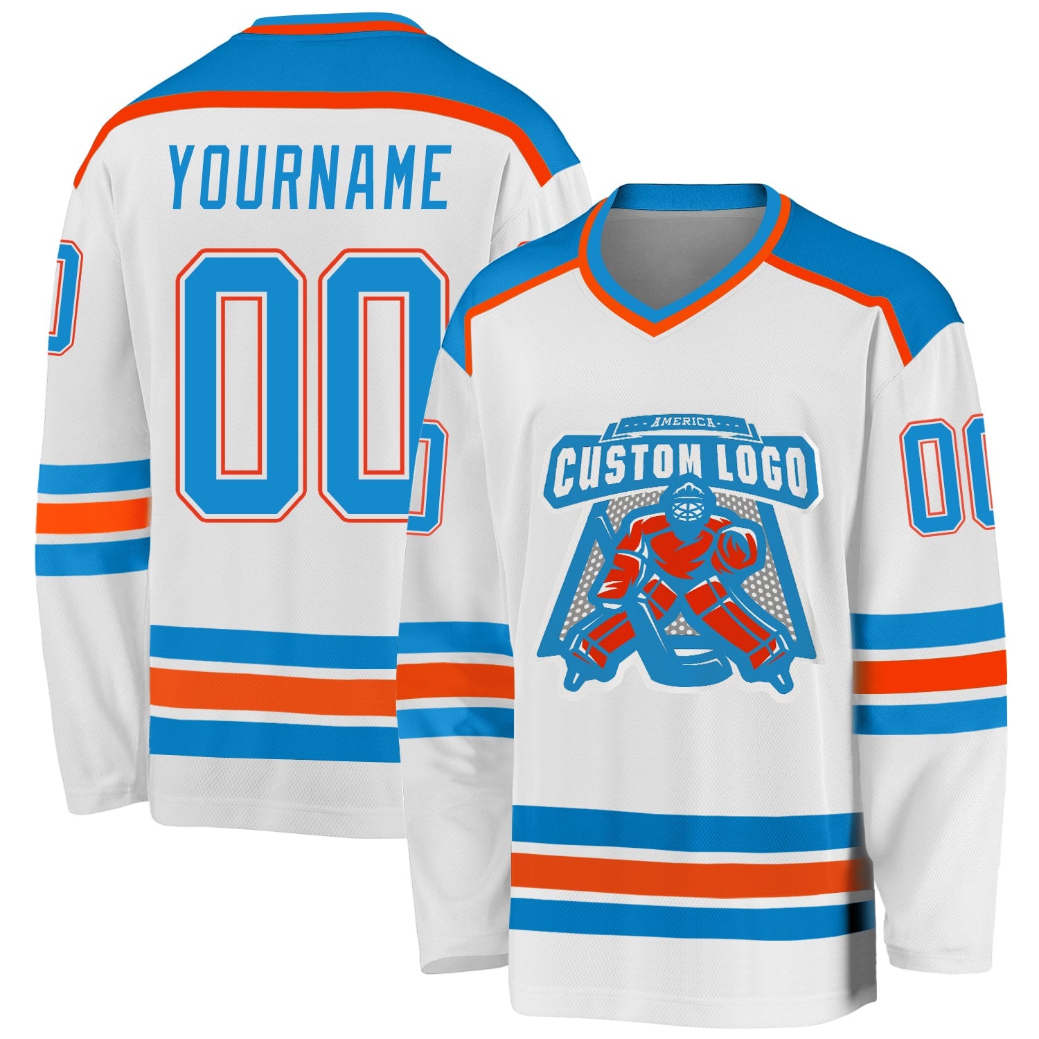 Custom White Blue-Orange Hockey Jersey - Main View