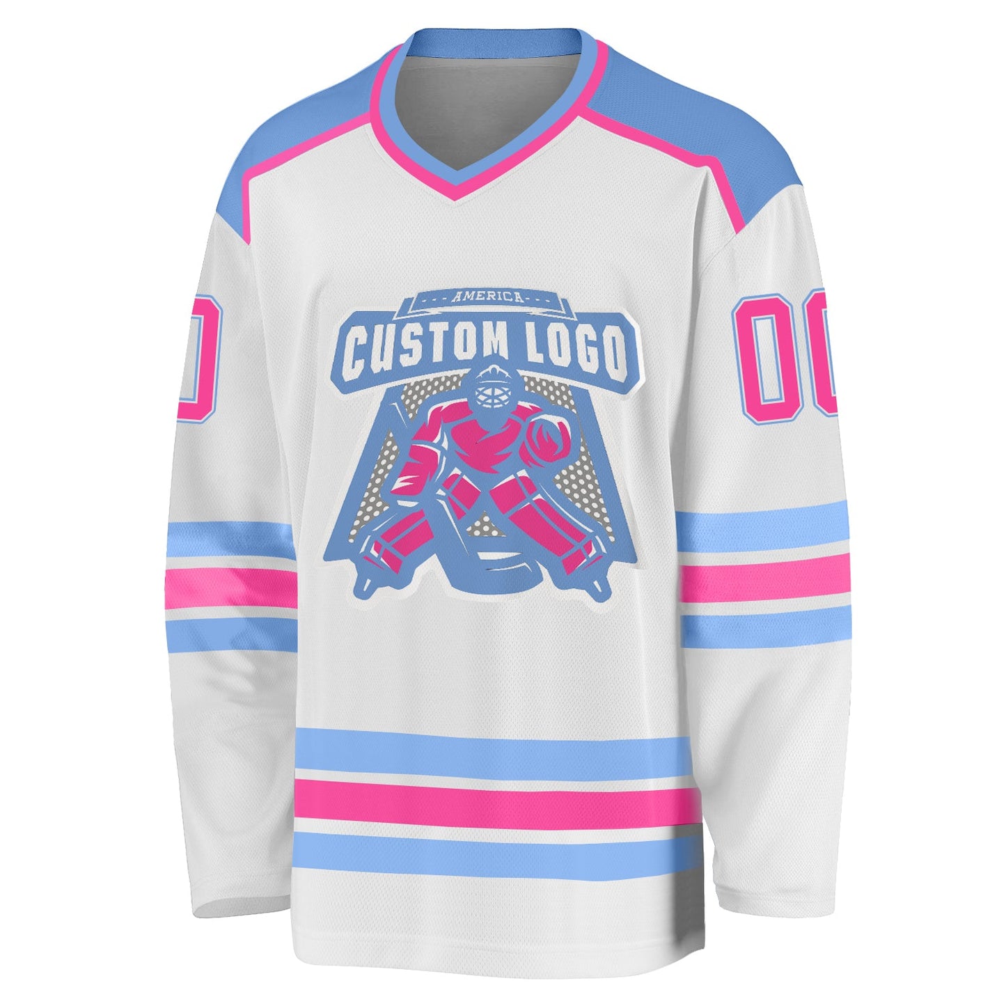 Custom White Pink-Light Blue Hockey Jersey view 2