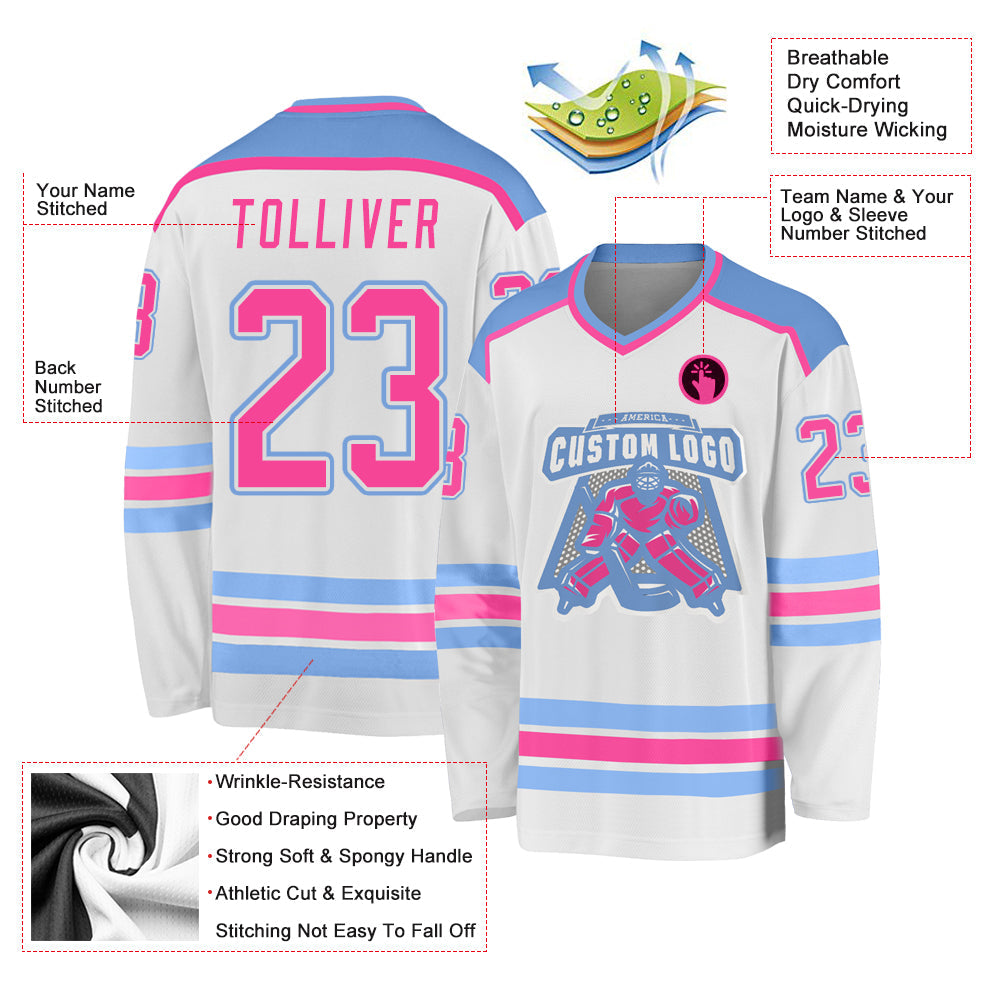 Custom White Pink-Light Blue Hockey Jersey view 3