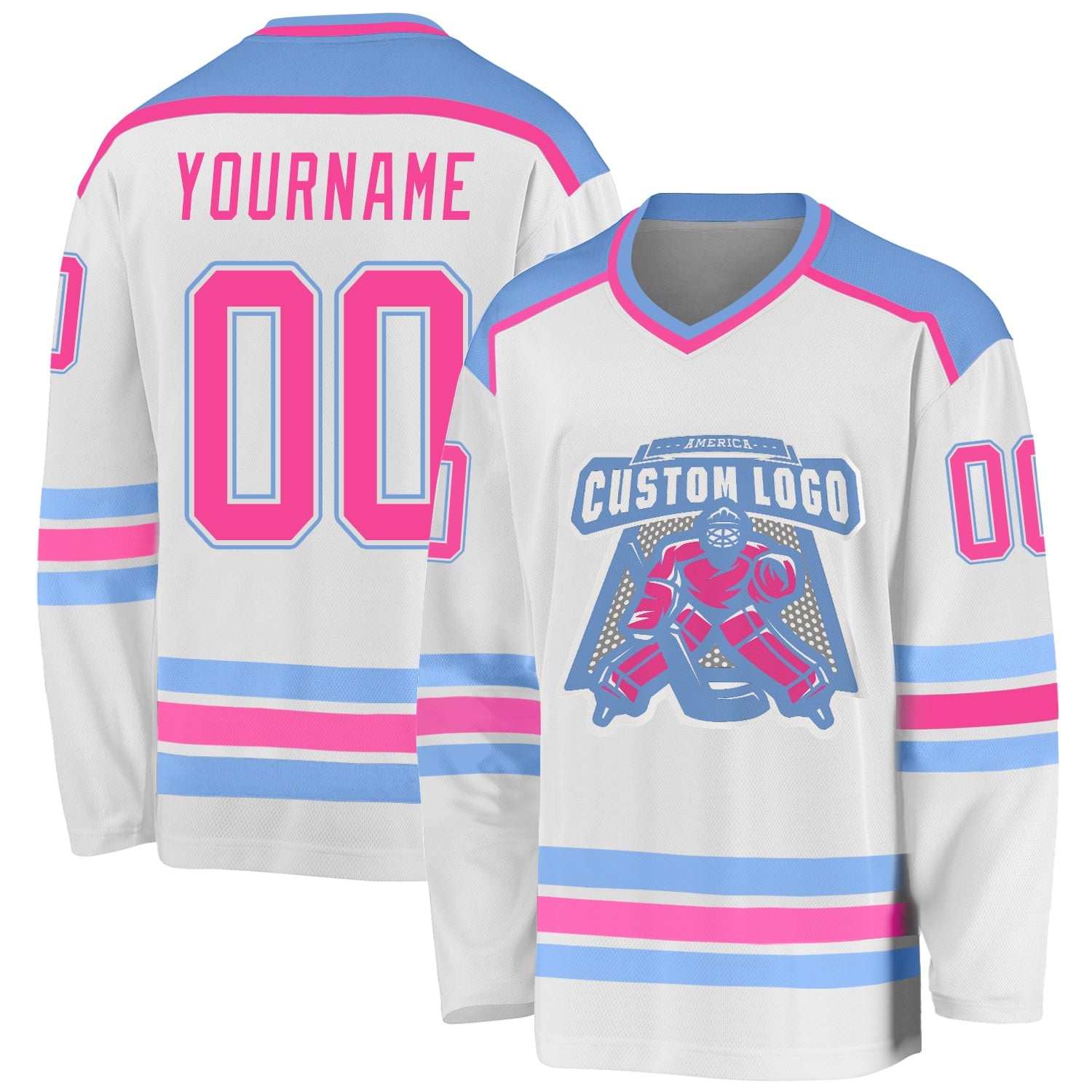 Custom White Pink-Light Blue Hockey Jersey - Main View