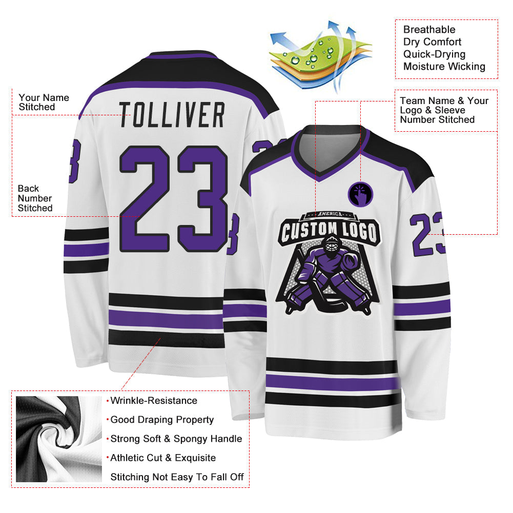 Custom White Purple-Black Hockey Jersey view 3