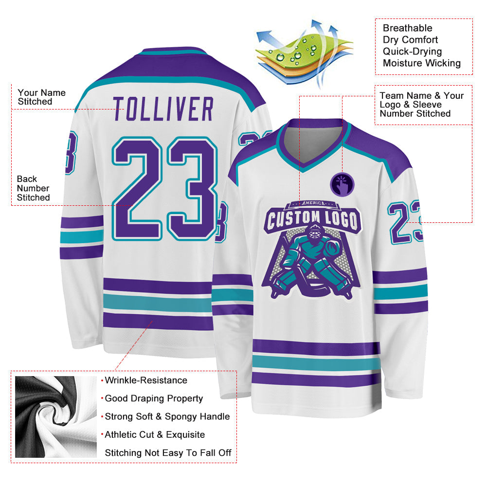 Custom White Purple-Teal Hockey Jersey view 3