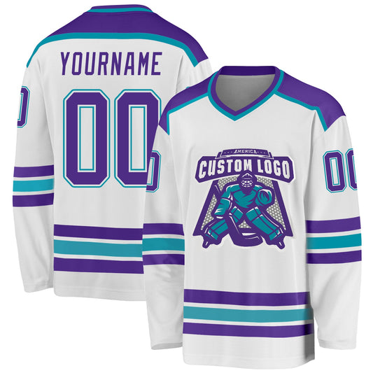 Custom White Purple-Teal Hockey Jersey - Main View