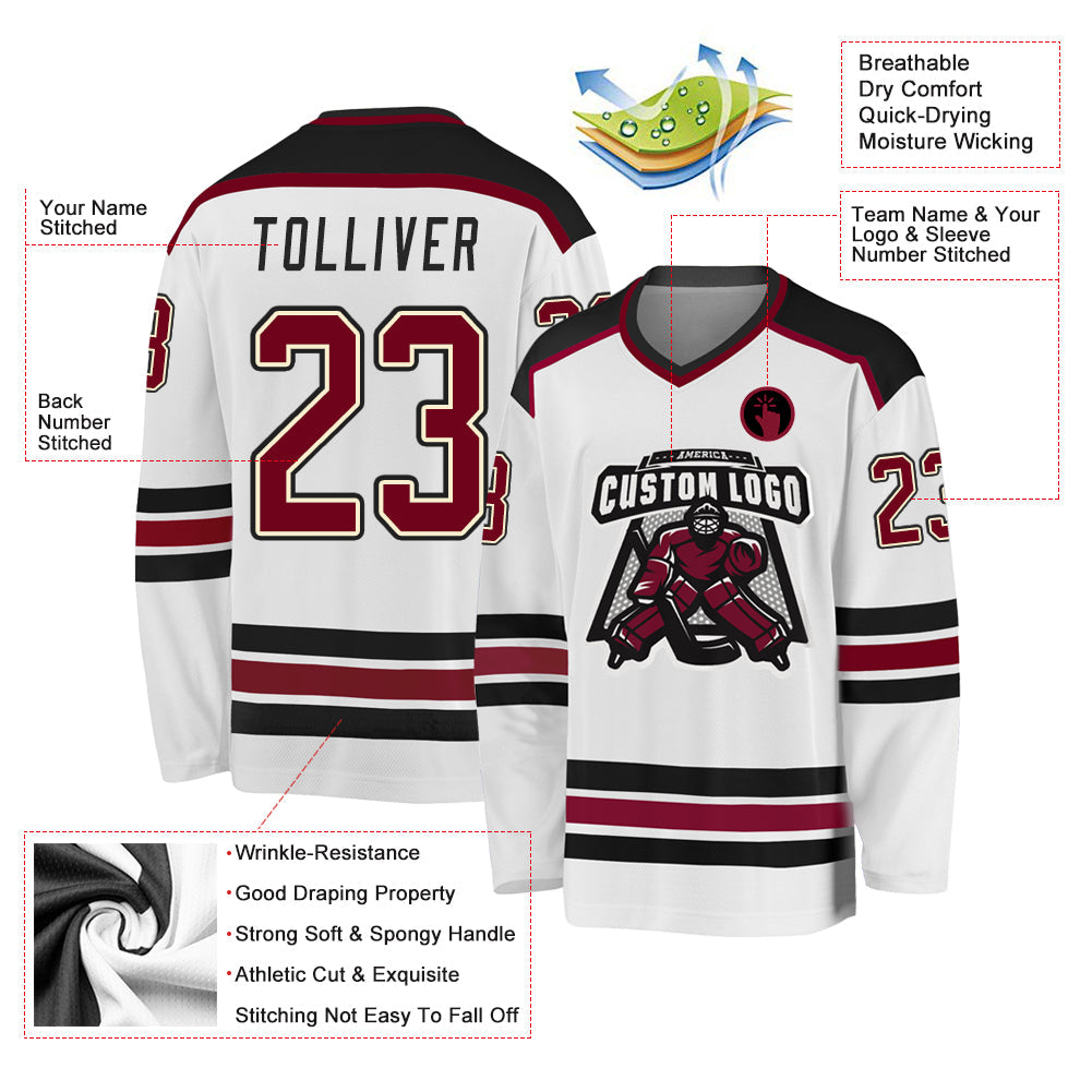 Custom White Maroon Cream-Black Hockey Jersey view 3
