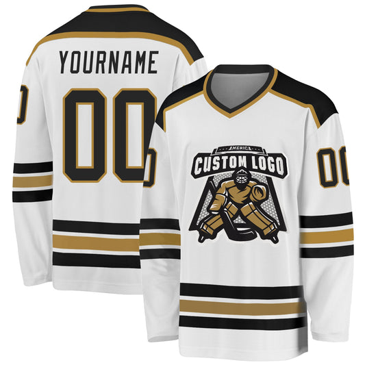 Custom White Black-Old Gold Hockey Jersey - Main View