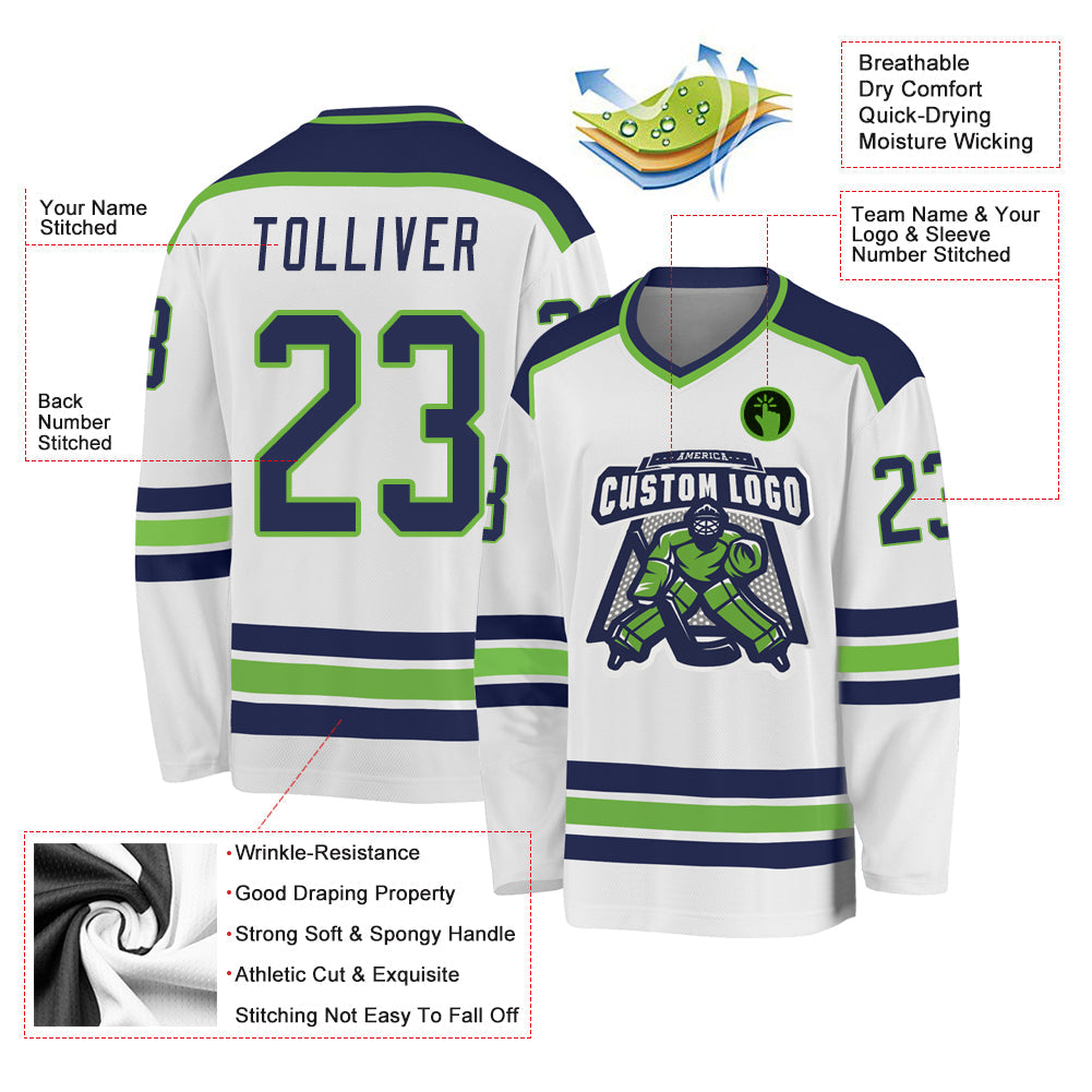 Custom White Navy-Neon Green Hockey Jersey view 3