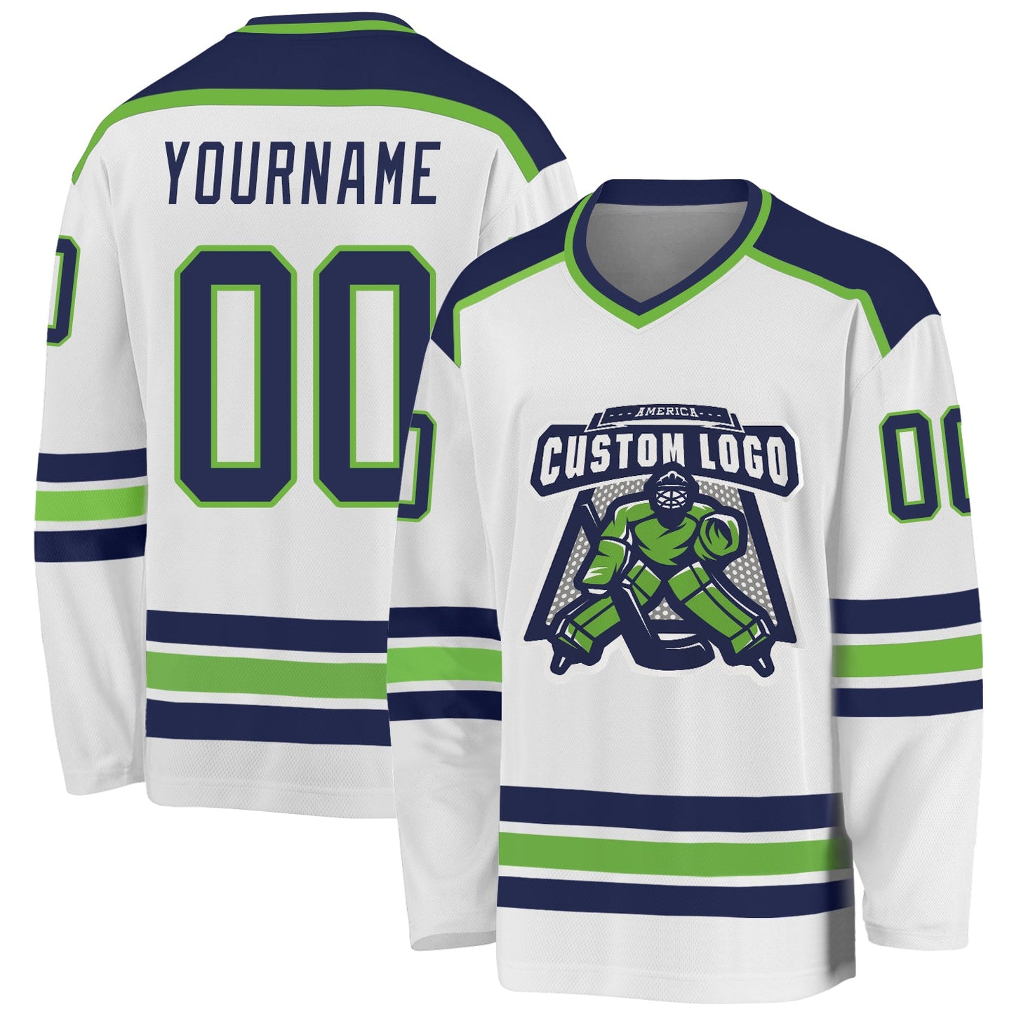 Custom White Navy-Neon Green Hockey Jersey - Main View