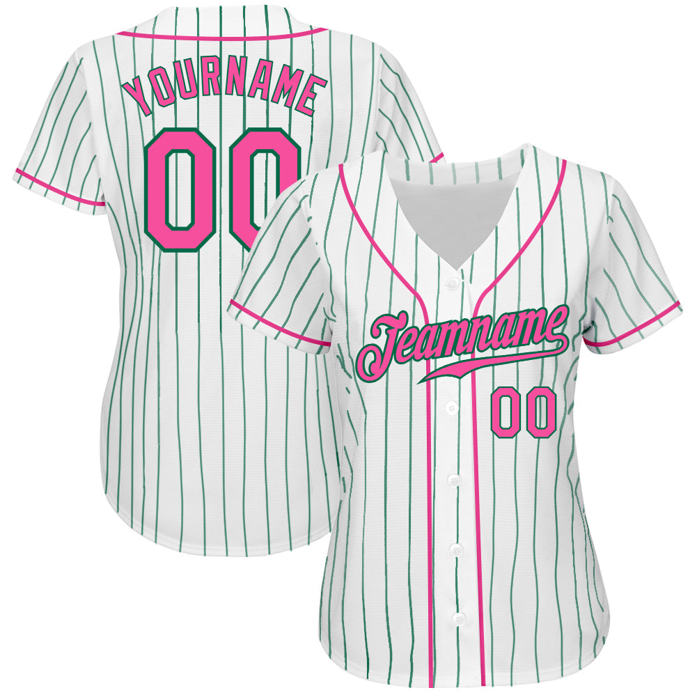 Custom White Kelly Green Pinstripe Pink-Kelly Green Authentic Baseball Jersey view 2