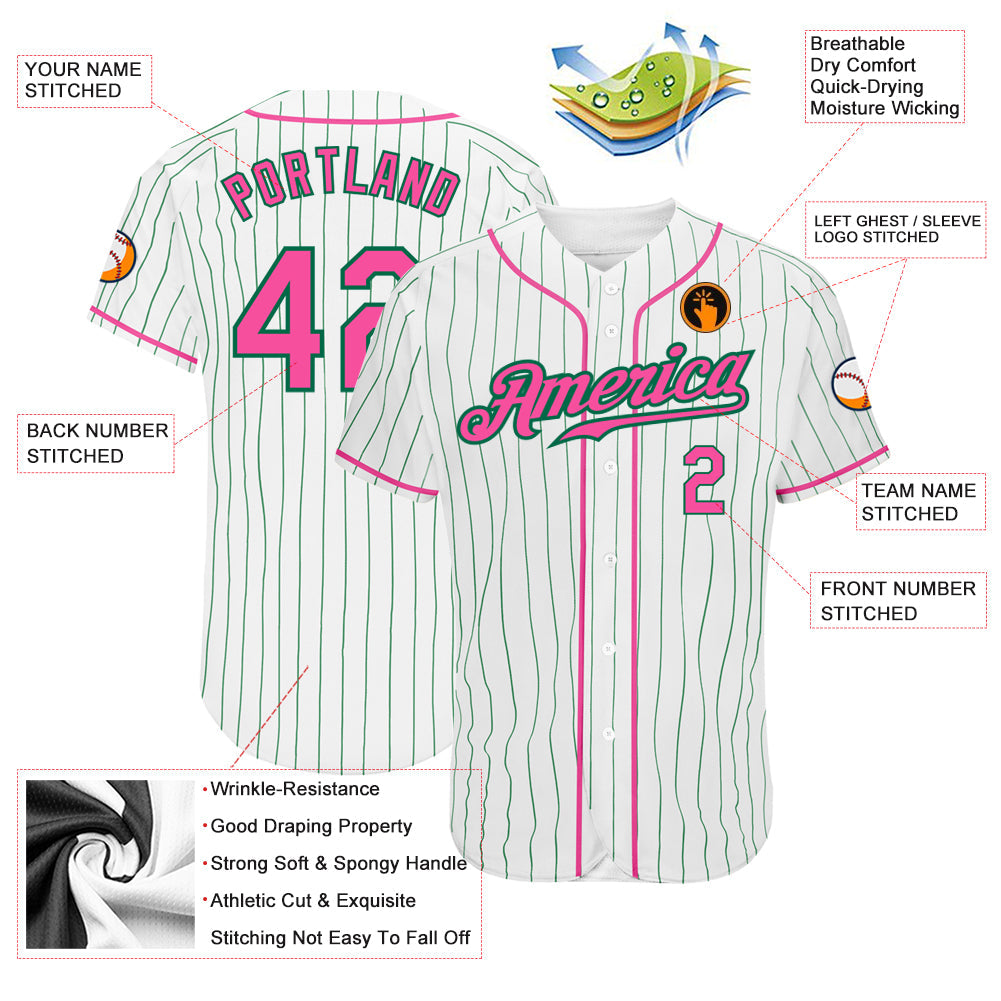 Custom White Kelly Green Pinstripe Pink-Kelly Green Authentic Baseball Jersey view 3