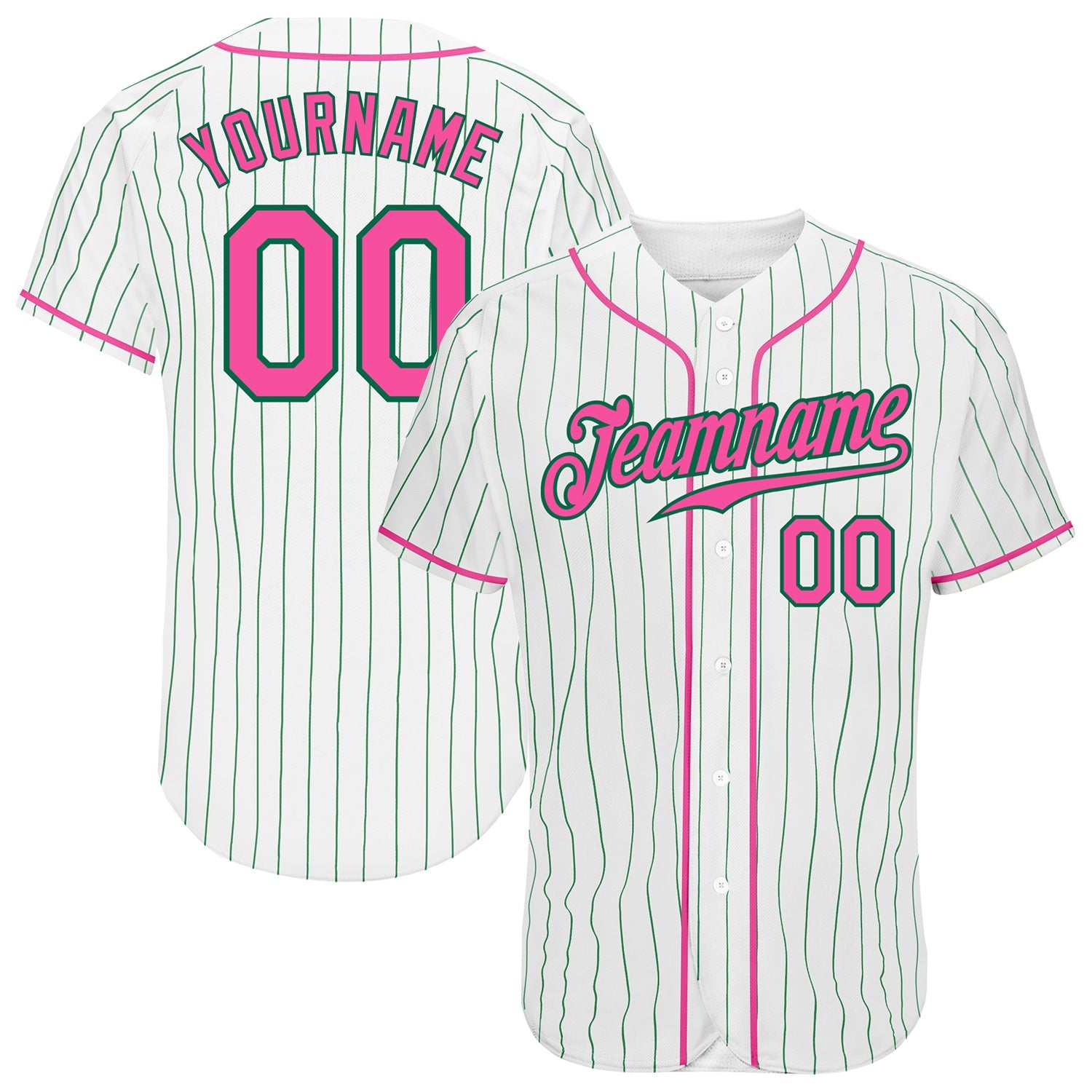 Custom White Kelly Green Pinstripe Pink-Kelly Green Authentic Baseball Jersey - Main View