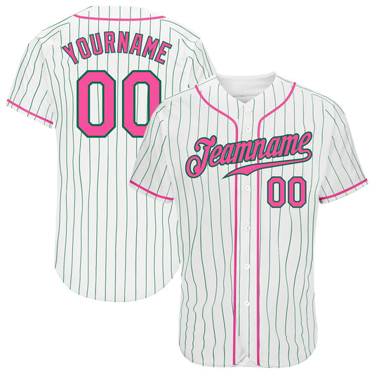 Custom White Kelly Green Pinstripe Pink-Kelly Green Authentic Baseball Jersey - Main View