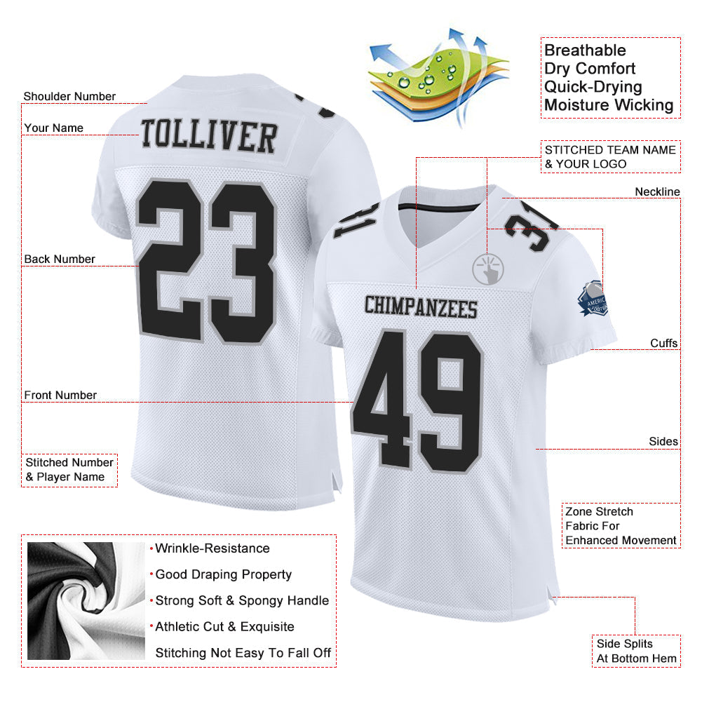 Custom White Black-Gray Mesh Authentic Football Jersey view 2