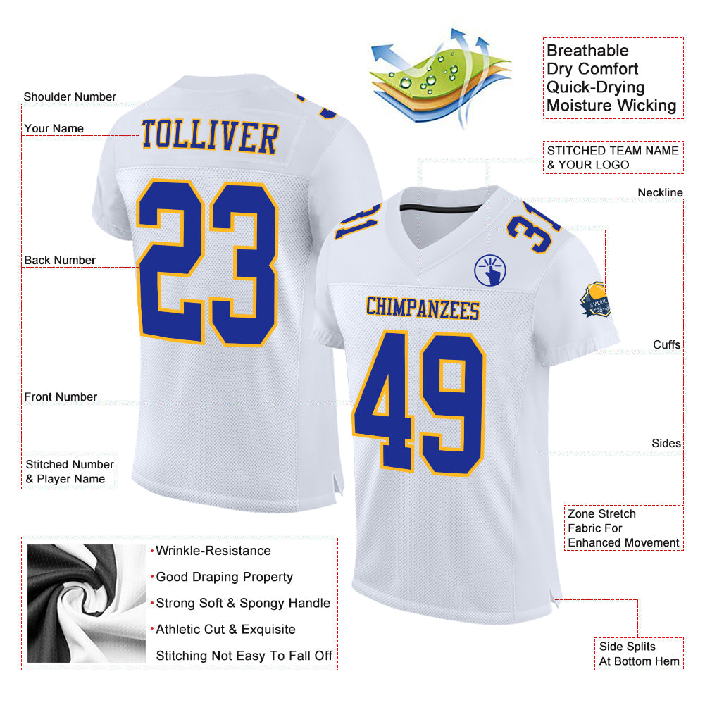Custom White Royal-Gold Mesh Authentic Football Jersey view 2
